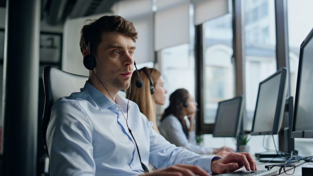 call center operator talking headset in data offic 2024 02 06 15 32 56 utc
